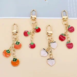 Enamel Fruit Bag Charm Keychain Cherry Strawberry Peach Pendant for Girls Jewelry Daily Bag Gift