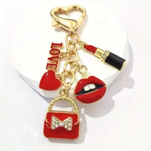 Enamel Lipstick Love Heart Bag Charms with Gold Heart Keyring Fashion Purse Handbag Charms Pendant