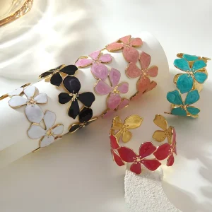 Enamel Oil Drip Flower Open Bangle Stainless Steel Women
