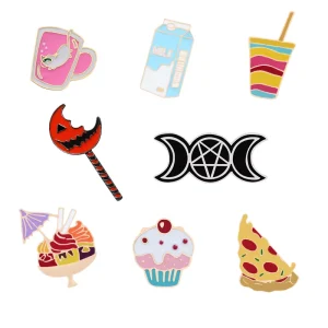 Enamel Pins Cute Cartoon Brooches Cakes Milk Candy Pizza Moon Star Clothes Coat Lapel Pin Bag Button Badge