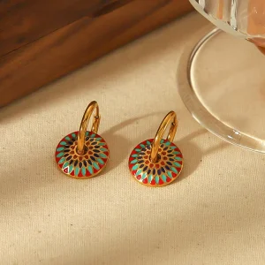 Enamel Round Pendant Earrings Fashion 18K PVD Gold Plated Stainless Steel Jewelry