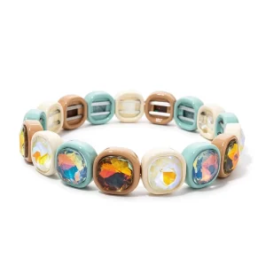 Enamel Tile Bead Cuff Bracelets Rhinestone Stretch Girls Women Crystal Fashion Jewelry