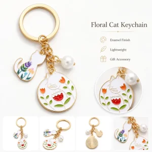 Enamel White Cat Pearl Flower Keychain Zinc Alloy Cartoon Cute Pendant Charm Bag Accessory Fashion Gift