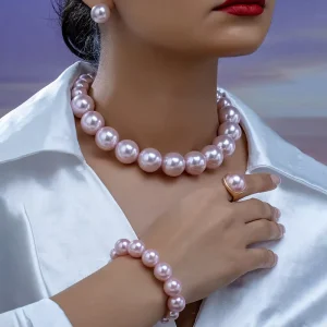 Engagement Wedding Imitation Pearl Jewelry Set Women’s Necklace Bracelet Earring Ring Bead Accessory