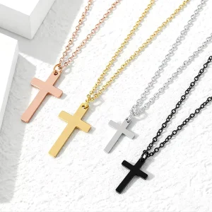 Engravable Cross Necklace Stainless Steel Flat Cross Chain 21mm 32mm Sizes for Couples & Religious Gifts