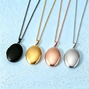 Engravable Oval Stainless Steel Locket Necklace Openable Photo Pendant for Women Memorial Gift