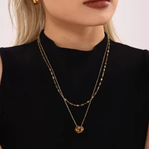 Engraving Different Colors Zircon Pendant Waterproof Three Ring Necklace Minimalist Couple Accessory