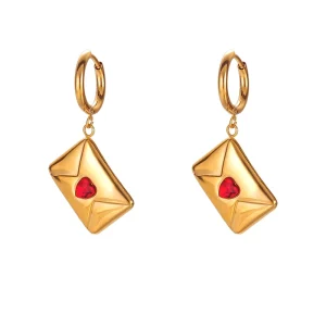 Envelope Pendant Dainty Stainless Steel 18K Gold Plated Red Heart Locket Charm Hoop Earrings Jewelry Party