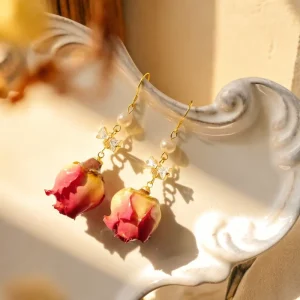 Eternal Rose Dried Flower Earrings (Women’s Style) Handcrafted Vintage Court Jewelry Unique and Niche Natural Gift Choice