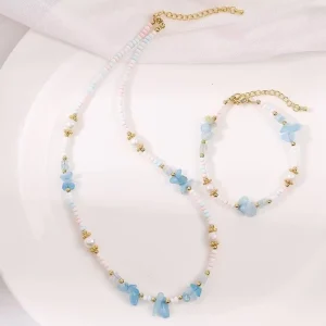 Ethnic Boho Styling Beaded Necklace Bracelet Aquamarine Colored Glaze Pearl Jewelry Handmade Art Women Fashion Decor Jewelry