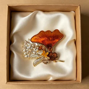 Ethnic Chinese Miao Craft Yellow Ginkgo Brooch Mulberry Silk Inlaid Crystal Rhinestone Copper Fashion Wedding Engagement Gift