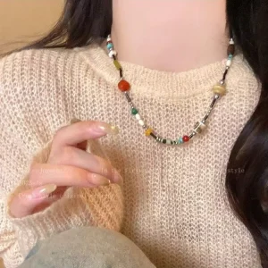 Ethnic Color Natural Stone Beaded Necklace Women’s Party Summer Dopamine Minor Design New Fashion Accessories
