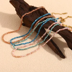 Ethnic European American Fashion Color Beaded Stainless Steel Plated 18kgold Natural Stone Pendant Necklace Link Chain