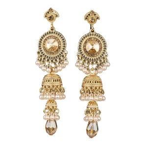 Ethnic Indian Triple Layer Jhumka Earrings Gold Crystal Pearl Tassel Jhumki Dangle Drop Earrings Boho Wedding Jewelry for Ladies