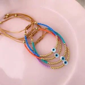 Ethnic Style Lucky Eye Glass Bead Woven Beaded Bracelet Colorful Seed Beads Small Adjustable Bracelet for Girls