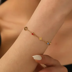 Euro American Colored Diamond Leaf Flower Bracelet Women’s Niche Design 18K Gold Color Retaining Stainless Steel