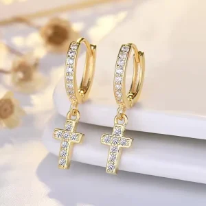 Euro American Cross Clip on Copper Zircon-studded Light Luxury Style Minimalist Edgy Unisex Hip hop Earrings
