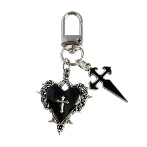 Euro-American Hot Girl Thorn Red Heart Cross Keychain Liquid Metal Gothic Large Heart Pendant Charm