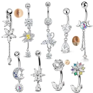 Europe America Fashionable Low allergy Stainless Steel Zircon Water Drop Flower Navel Rings Moon Belly Button Piercing Jewelry