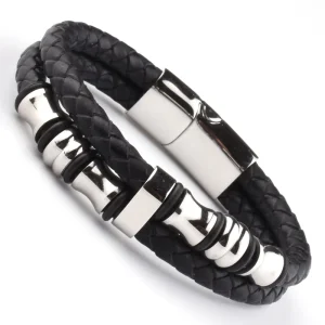 Europe Style Unisex Men’s 316L Stainless Steel Clasp Black Leather Bracelet Fashion Charm Bracelets