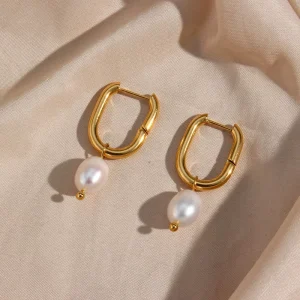 Europe Trendy Gold Plated Freshwater Pearl Drop Earrings Stainless Steel Jewelry For Weddings Anniversaries