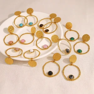 Europe United States Cross Border Exaggerated Big Circle Hoop Earrings 18K Gold Hyperbole Stainless Steel Natural Stone Women