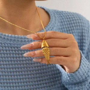 European American 18K Gold Plated Stainless Steel Koi Fish Diamond Pendant Collarbone Chain for Women
