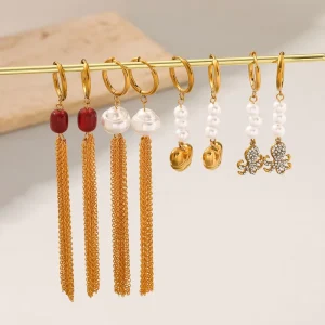 European American 18K Gold Plating Stainless Steel Women Pearl Tassel Pendant Earrings Geometric Fashion Jewelry Earrings
