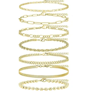 European American Alloy Beaded Snake Bone Cuban Chain Set Anklet Simple Adjustable Unisex Geometric Shape Foot Jewelry Seven