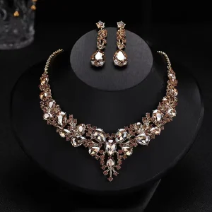 European American Bride’s Fashion Accessories Popular Gold Crystal Rhinestone Necklace Earrings Two Piece Set for Weddings