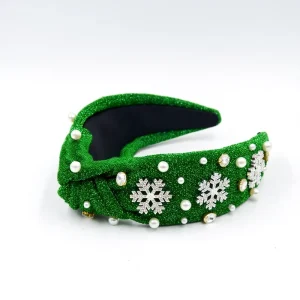 European American Christmas Handmade Fabric Headband Pearls Large Snowflake Accessories Knotted Fashion Holiday High Crown Hair