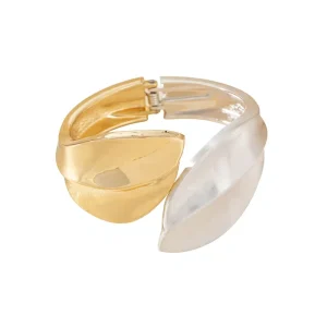 European American Classic Leaves Asymmetric Gold Alloy Bangle Brushed Matte Two-Color Finish for Senior Women