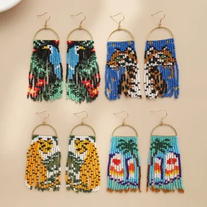 European American Creative Ethnic Style Animal Rice Women’s Retro Bohemian Handmade Long Drop Earrings for Gift