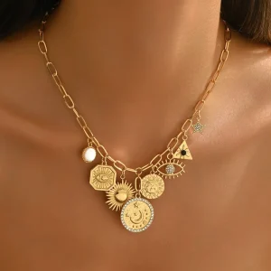 European American Creative Pin Design Fashion Sunflower Pendant Irregular Link Necklace