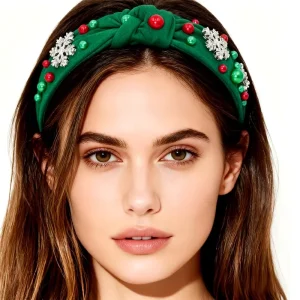 European American Cross Border Women Christmas Pearl Embellished Wide Brimmed Fabric Knotted Snowflake Headband Hair Accessory