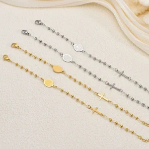 European American Cross Stainless Steel Rosary Bracelet Retro Casual Hand Accessories Fashion Hand Jewelry for Women