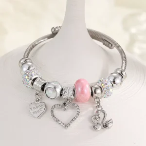 European American Cross border Trend DIY Love Heart shaped Pendant Fashion All match Silver Stainless Steel Alloy Bracelet
