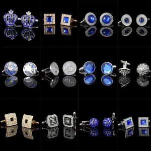 European American Crown Diamond Blue Crystal Cufflinks for Men Women’s Suits Fashionable Trendy French Shirt Button Wedding