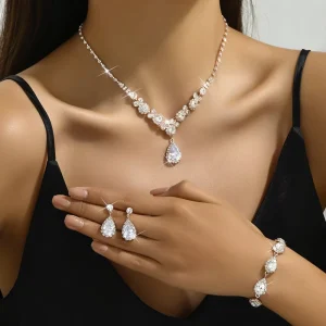 European American Crystal Rhinestone Zircon Necklace Earrings Bracelet Jewelry Set Water Drop Fashion