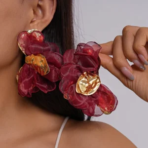 European American Exaggerated Fabric Chiffon Flower Stainless Steel Needle Earrings Autumn Winter Fashion Temperament for Women