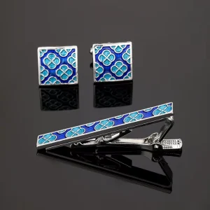 European American Fashion Blue Pattern French Alloy Geometric Shape Cufflinks Tie Clip Set Men’s Business Shirt Cufflinks
