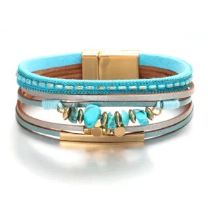 European & American Fashion Bracelets for Women, Bohemian Heart Rhinestone Magnetic Clasp Bangle, Soft PU Faux Leather Wristband