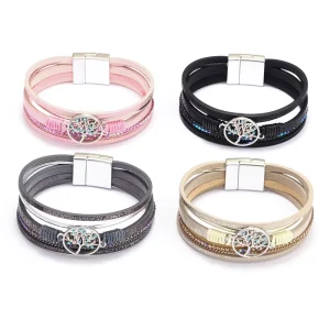 European & American Fashion Bracelets for Women Bohemian Heart Rhinestone Magnetic Clasp Bangle Soft PU Faux Leather Wristband