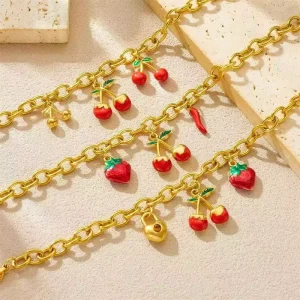 European American Fashion Fresh Fruit Charm Bracelet Cherry Strawberry Pepper Gold Plated Brass Women’s Accessories Jewelry