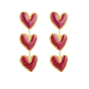 European American Fashion Love Long Red Glitter Multi Layer Enamel Oil Drop Heart Shaped Stainless Steel Gold Plated Earrings
