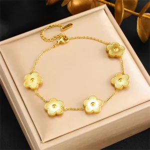 European American Fashion Niche Design Stainless Steel Gold Plated Flower Connecting Chain Charm Bracelet for Unisex