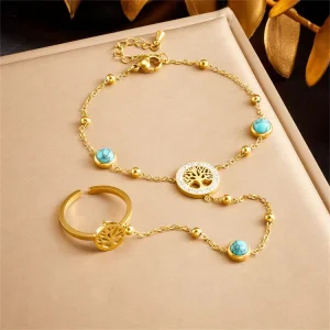 European American Fashion Retro High end Chain Gold plated Stainless Steel Tree Life Blue Turquoise Unisex Charm Open Bracelet