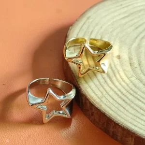 European American Fashion Simple Geometric Star Ring Trendy Alloy Hollow Angle Ring with Sweet Cool Metal Style for Ladies