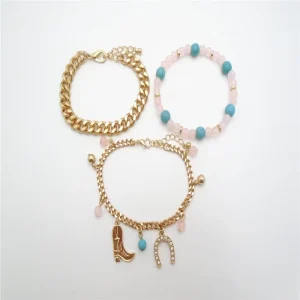 European American Gold Plated Women’s Trendy Turquoise Zinc Alloy Pendant Bracelet Horseshoe Boot Charm