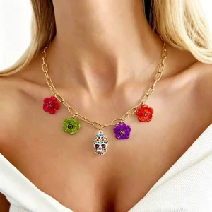 European American Halloween Colorful Rhinestone Enamel Flower Necklace Metal Clavicle Chain Personality Jewelry